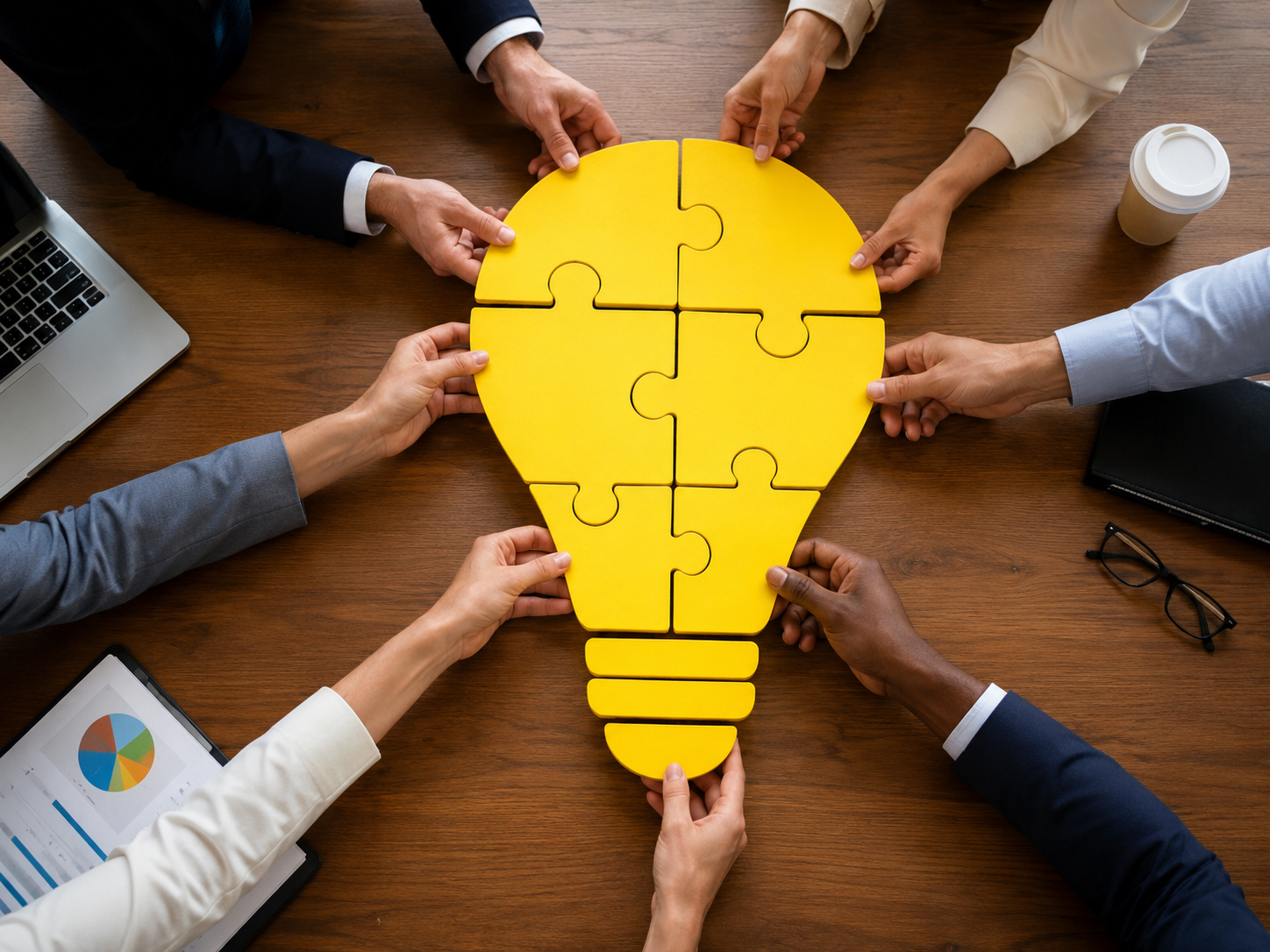 Team arranging puzzle pieces during a collaborative work session