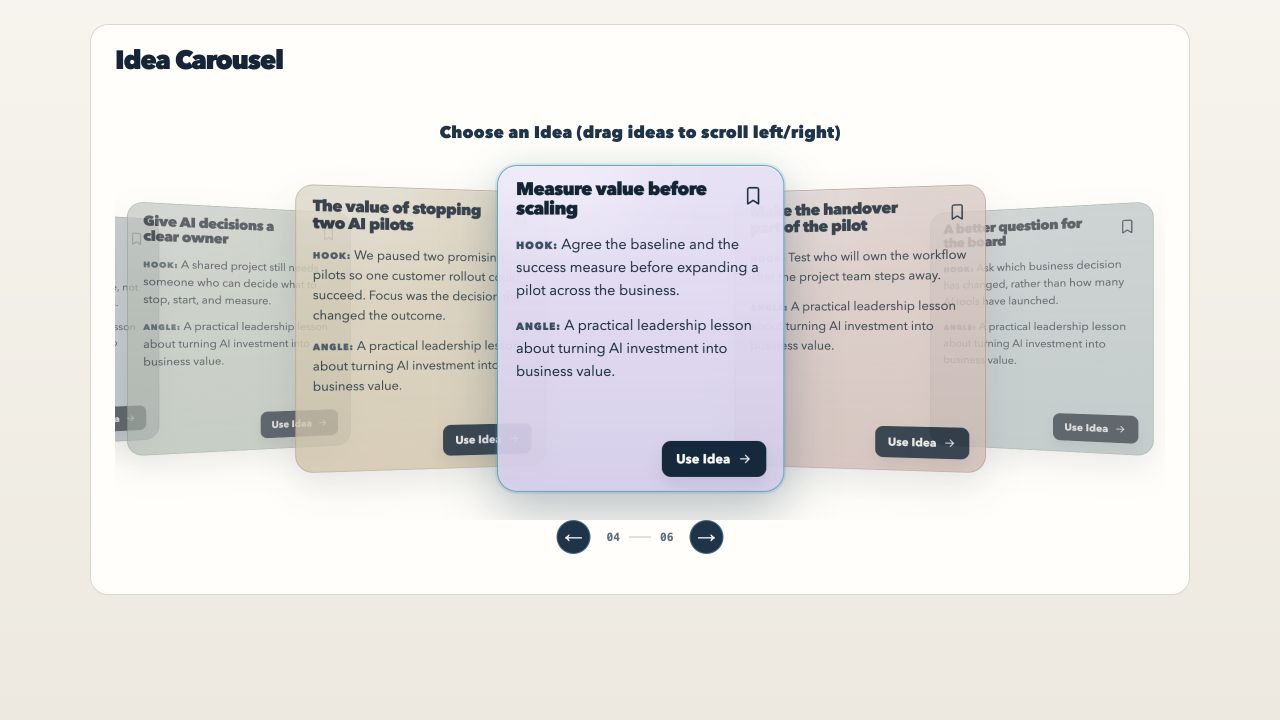Idea Carousel showing six example ideas, with Measure value before scaling in the center, a bookmark, Use Idea button, navigation arrows, and a 04 of 06 counter.