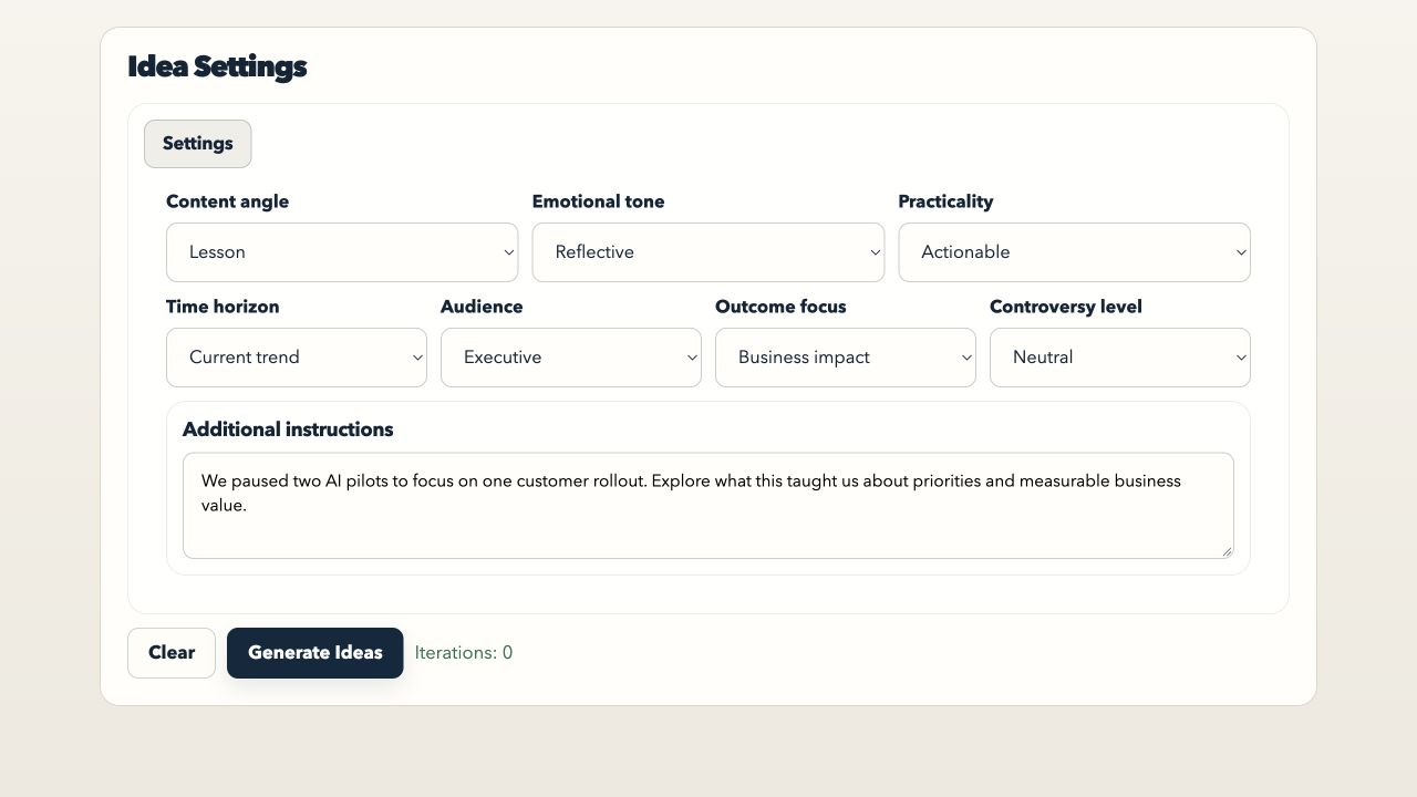 Idea Settings with Lesson, Reflective, Actionable, Current trend, Executive, Business impact, and Neutral selected, plus an example about prioritizing AI pilots.