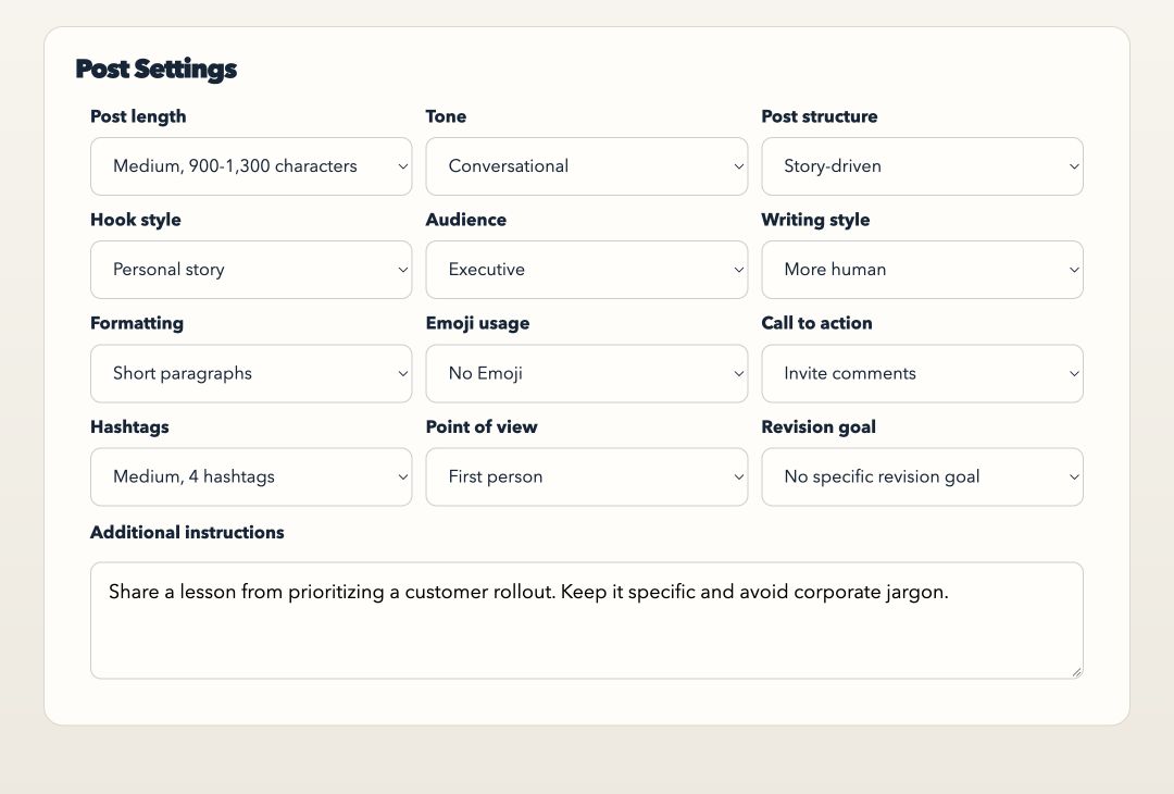 Post Settings controls, with Conversational tone, Story-driven structure, Executive audience, and First person selected.