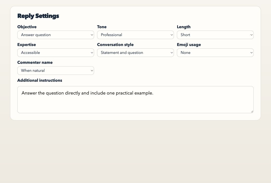 Reply Settings with Answer question, Professional tone, Short length, Accessible expertise, Statement and question, no emoji, and natural commenter-name usage.