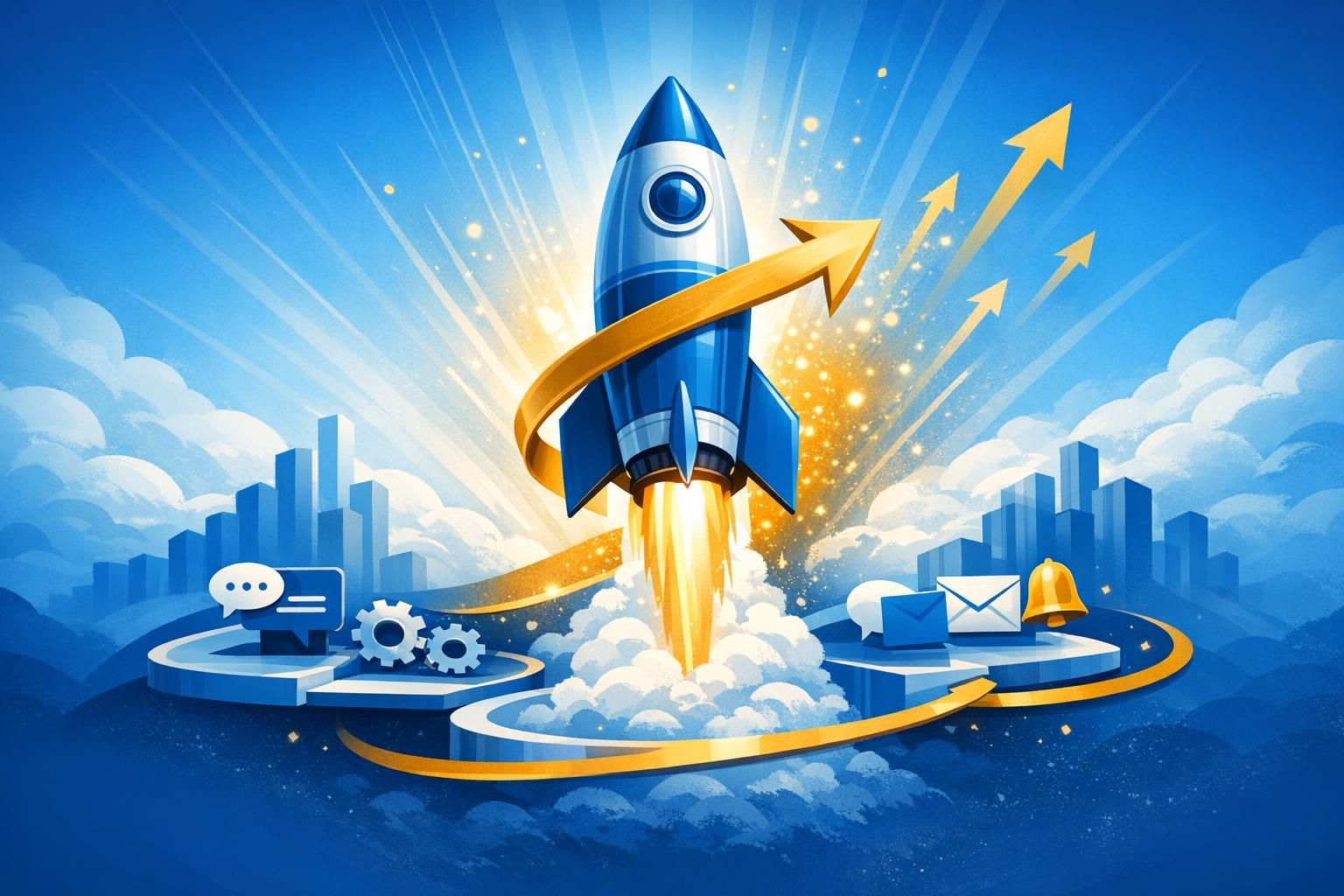 Rocket launching upward with connected business systems and growth arrows